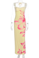 Floral Print Yellow Fitted Long Dress