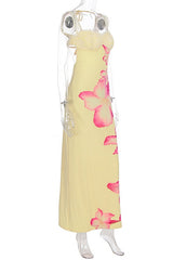 Floral Print Yellow Fitted Long Dress