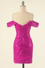 Fuchsia Off the Shoulder Sequin Party Mini Dress