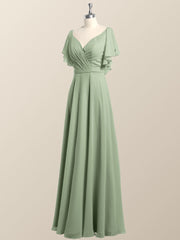 Flutter Sleeves Sage Green Chiffon A-line Long Bridesmaid Dress