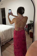 Fuchsia Beaded Straps Fitted Long Dress