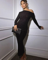 Celyra – Maxi Glitter Dress with V-Neck and Luxe Flair