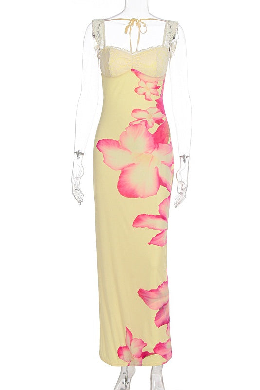 Floral Print Yellow Fitted Long Dress