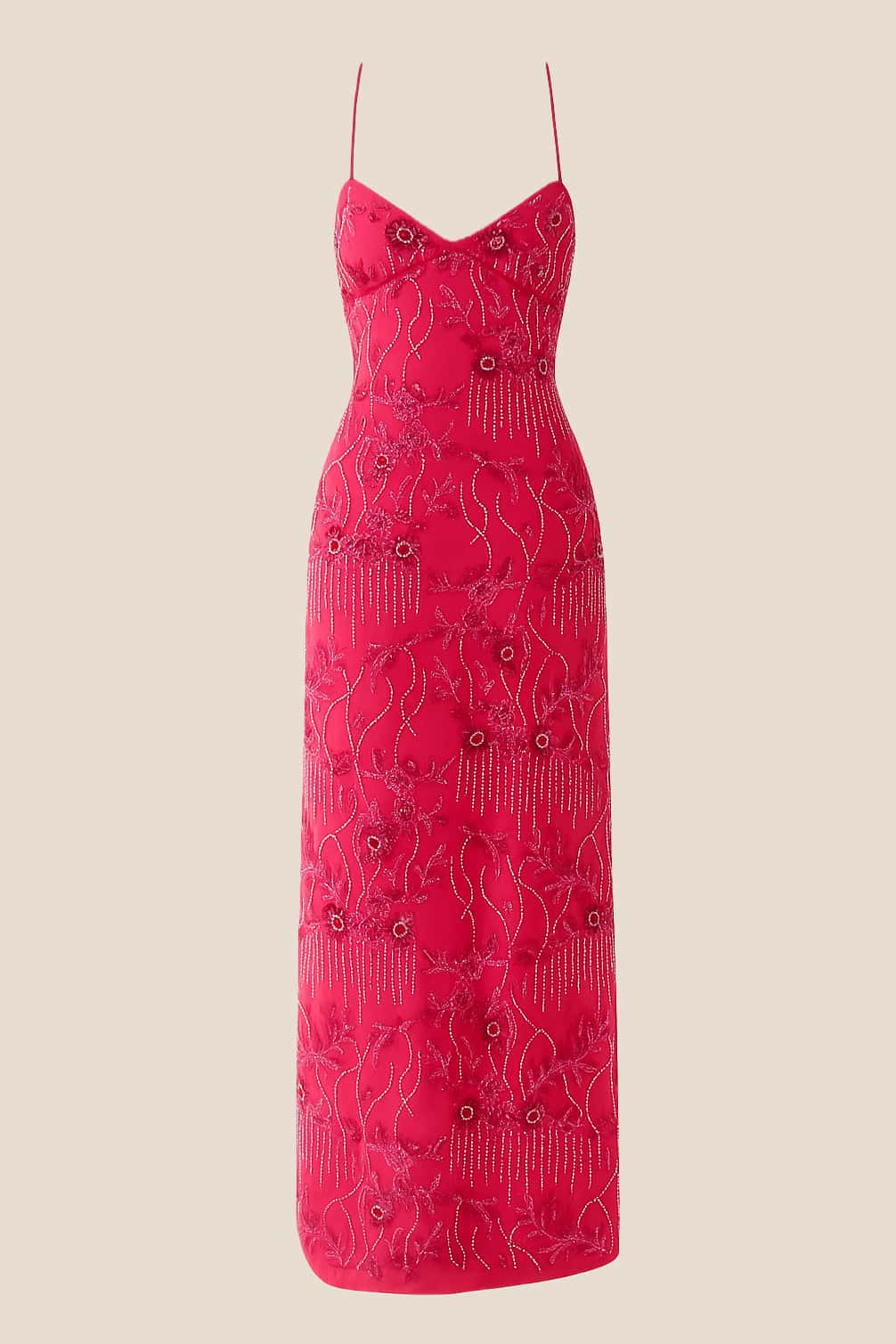 Fuchsia Beaded Straps Fitted Long Dress