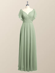 Flutter Sleeves Sage Green Chiffon A-line Long Bridesmaid Dress