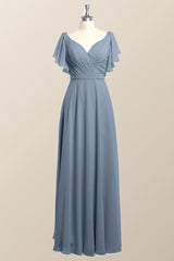 Flutter Sleeves Sage Green Chiffon A-line Long Bridesmaid Dress