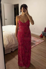 Fuchsia Beaded Straps Fitted Long Dress